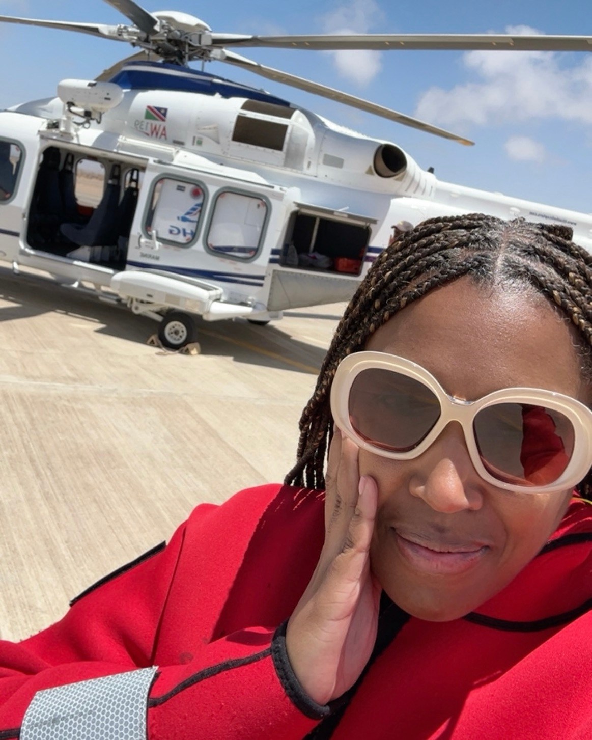 The author's helicopter ride to explore Namibia for a closer look at the technology, and the sorting, cutting, and polishing facilities behind desert diamonds. (Courtesy of Leah Faye Cooper)