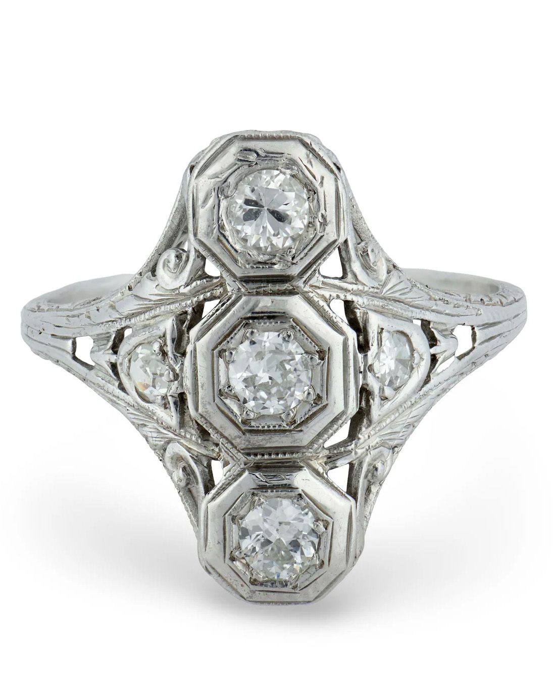 three stone diamond navette ring