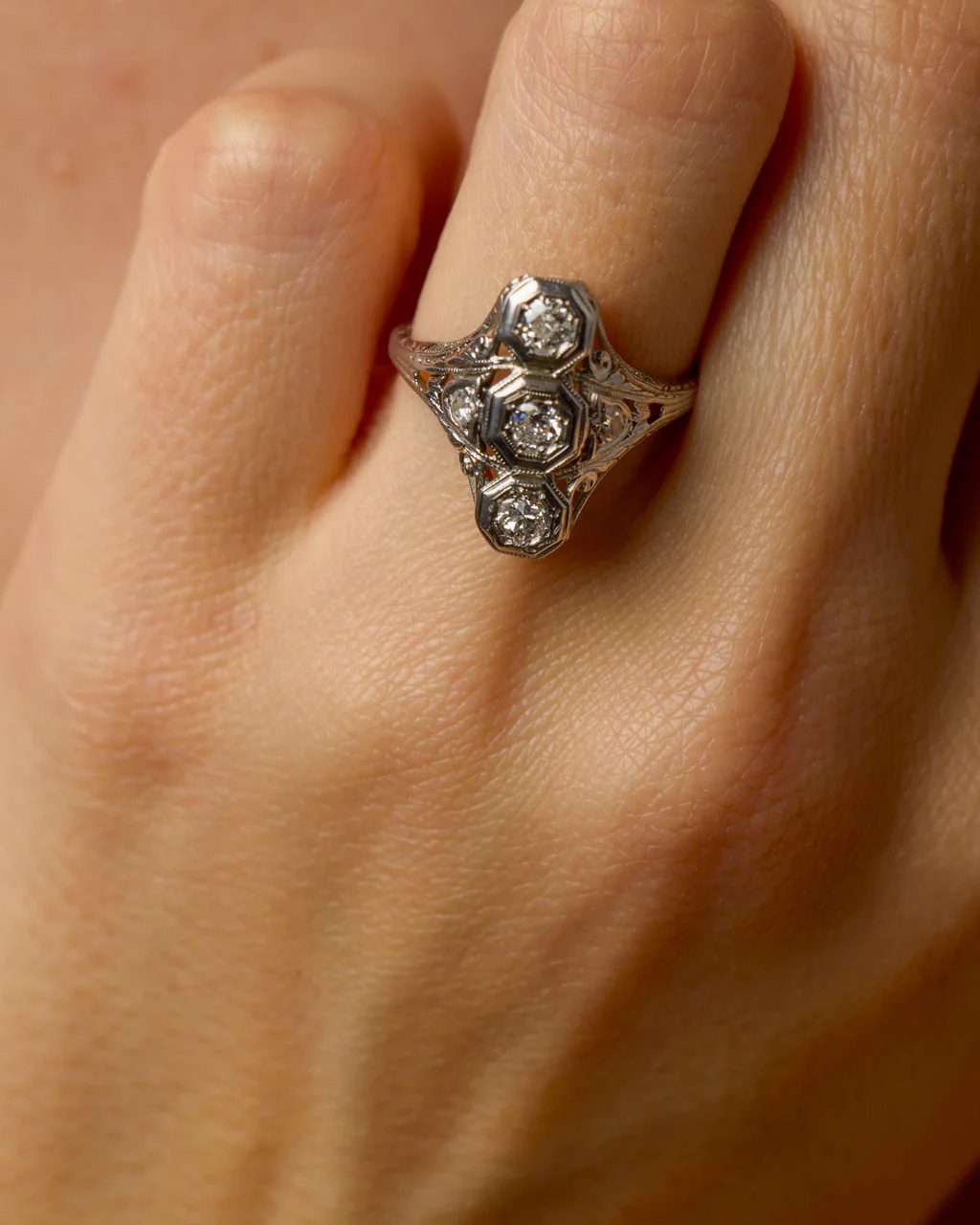 three stone diamond navette ring