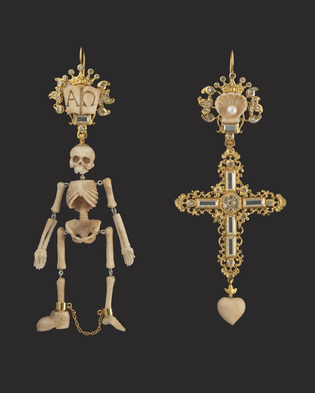 A. Codognato pendant earrings of a prisoner skeleton and a cross 18-karat yellow gold, mammoth bone, diamonds, rock crystal and a pearl. (Courtesy of A. Codognato)