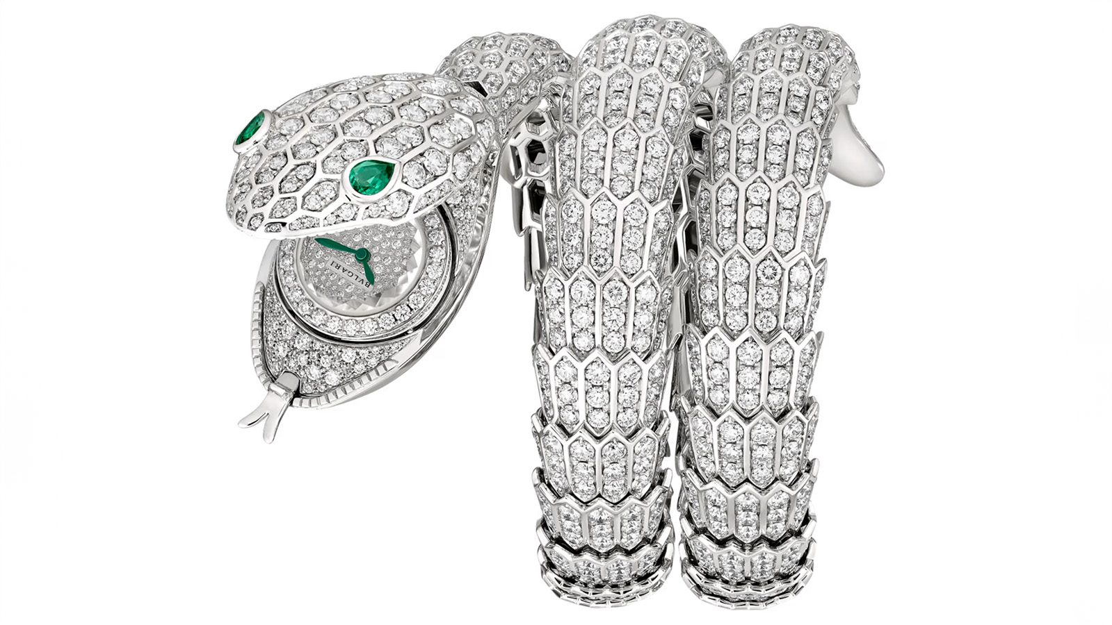 animal jewelry: Bulgari Serpenti Diamond and Emerald Bracelet Watch (Courtesy of BulgarI)