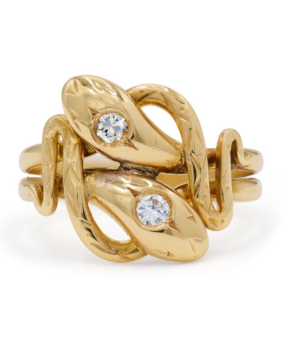 Late 19th Century Antique 18K Yellow Gold and Diamond Double Snake Ring, $5,500, fredleighton.com