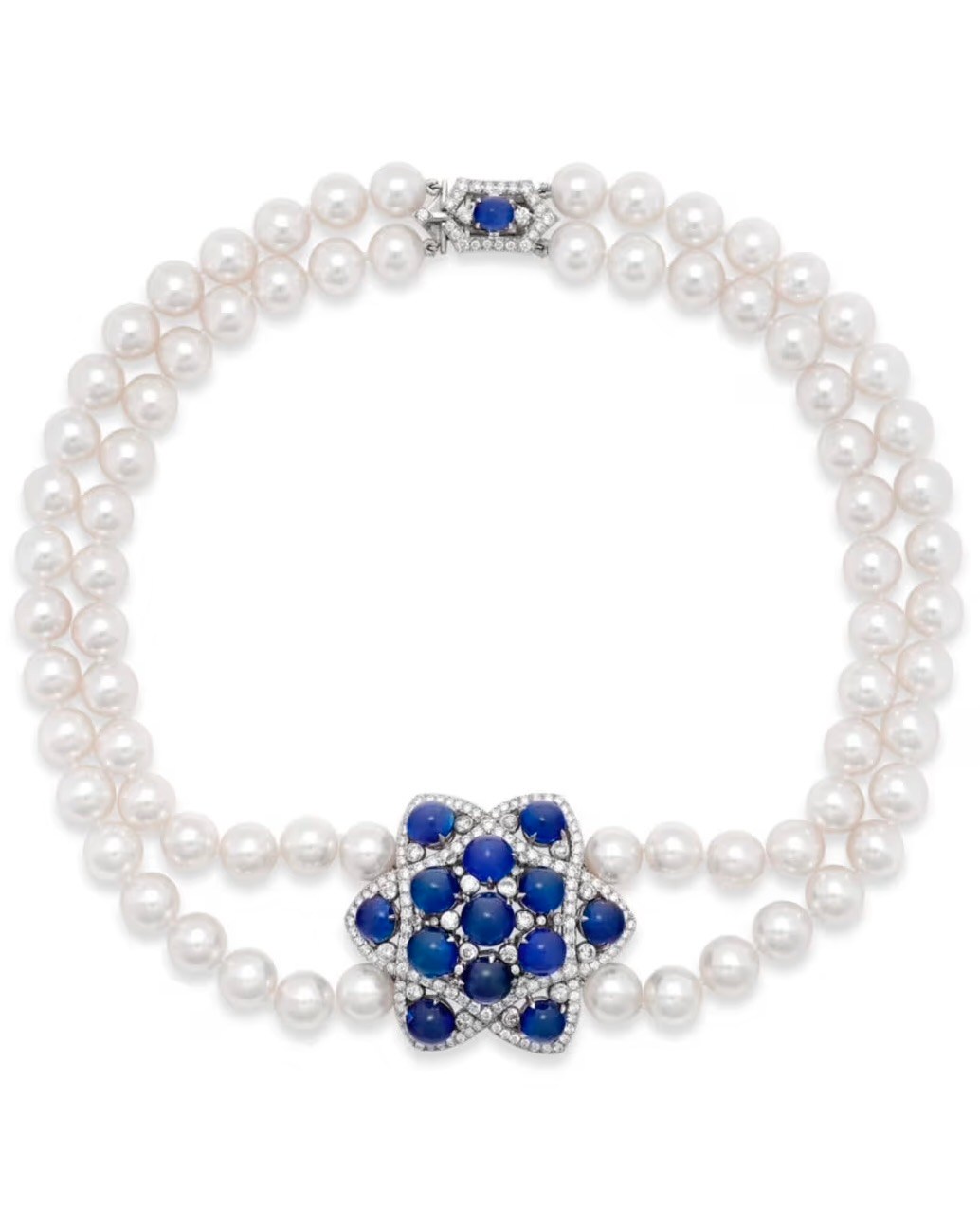 Audrey Hepburn wore a Fürst pearl, sapphire, and natural diamond choker in Roman Holiday. (Courtesy of Christie's)