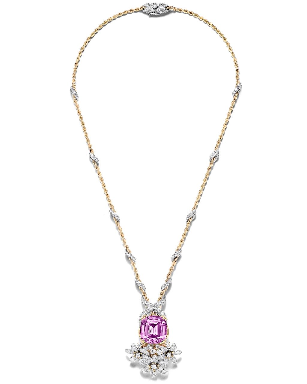 Jasmine Pendant with a 25.08-carat cushion-cut kunzite and natural diamonds from the Tiffany & Co. Blue Book 2026: Hidden Garden collection (Courtesy of Tiffany & Co.)