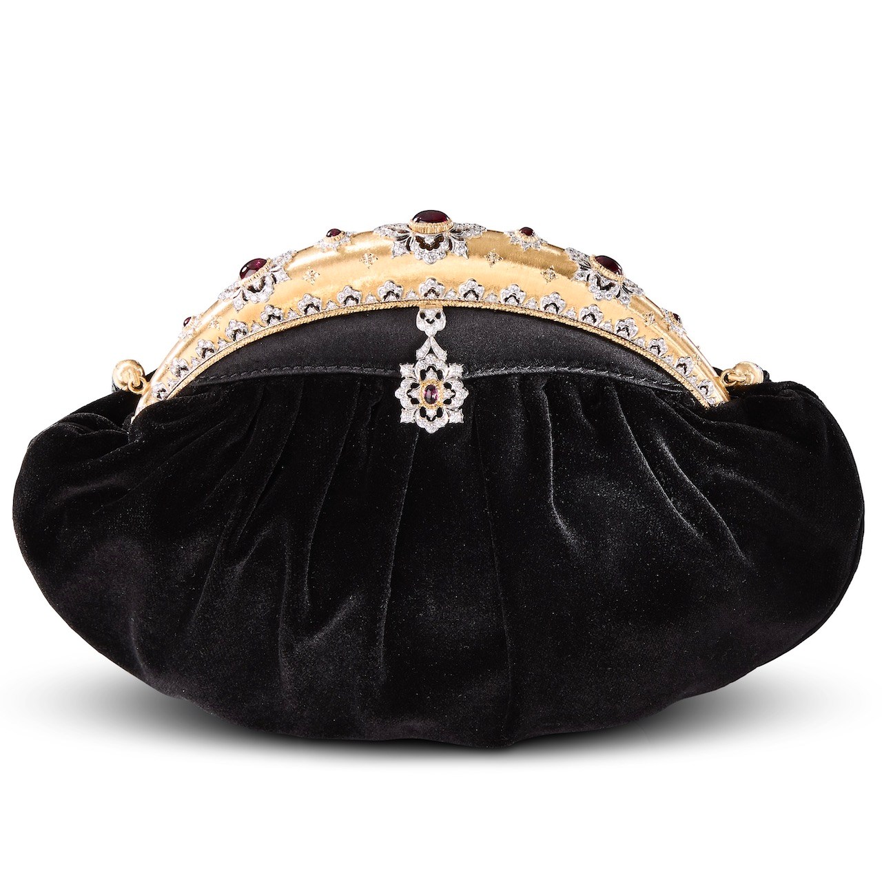 Diamond Purse Handbag in fabric in yellow and white gold set with Rubellite and natural diamonds. (Courtesy of Buccellati)