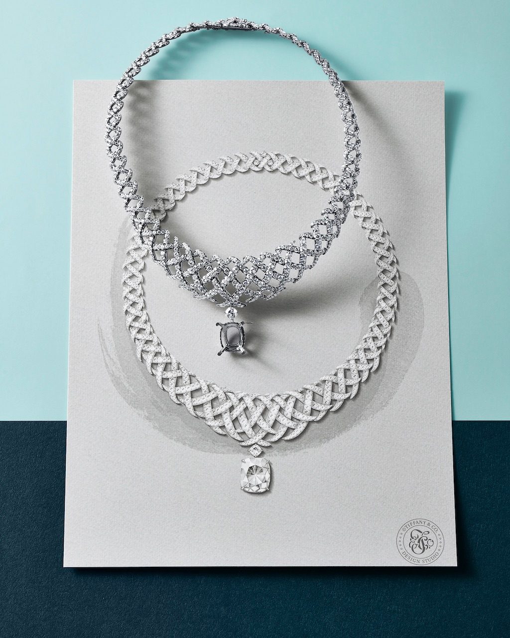 A rendering of the Diamond Jasmine necklace from Blue Book 2026: Hidden Garden alongside the assembled casting. The rendering allows the designers to convey details of a design, helping to bring the creation to life.