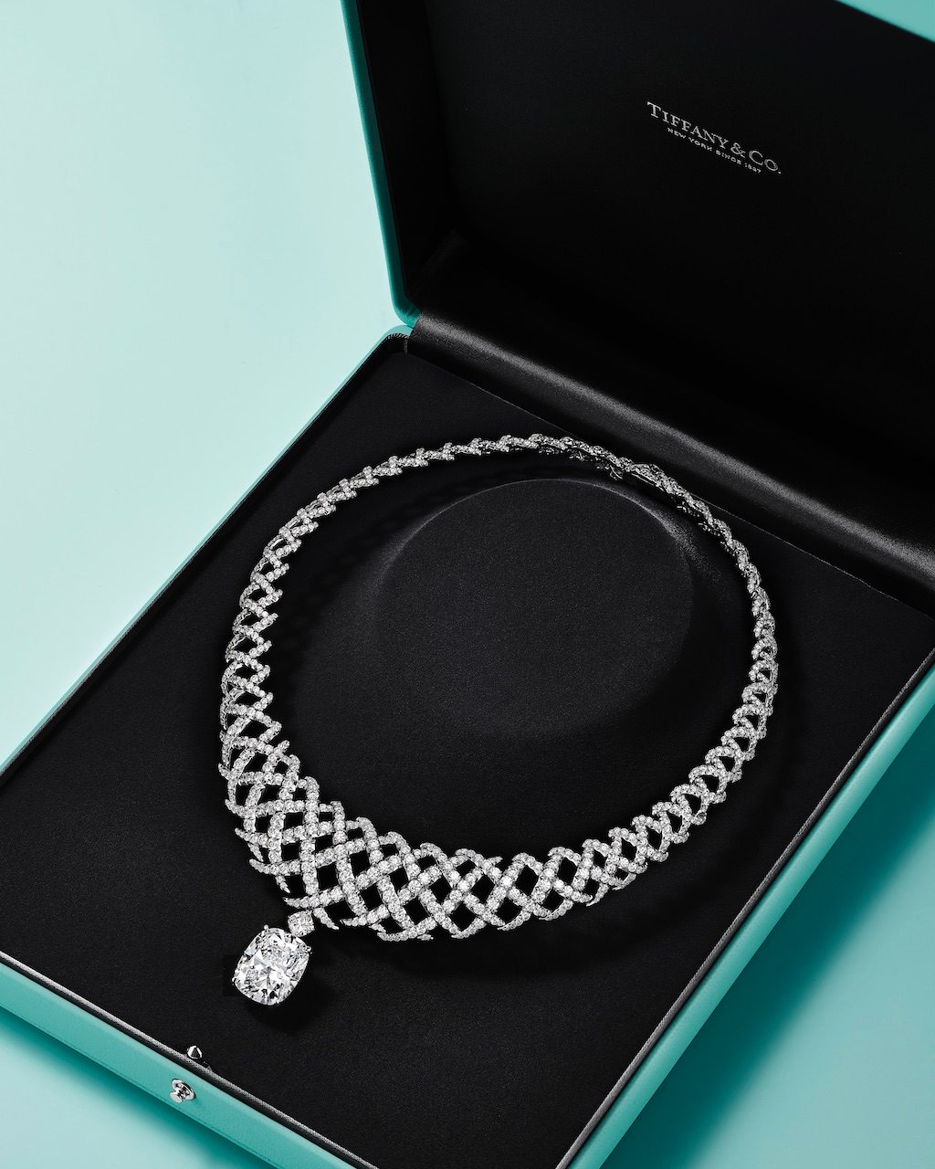 The completed Diamond Jasmine necklace from Blue Book 2026: Hidden Garden in a Tiffany Blue Box®.