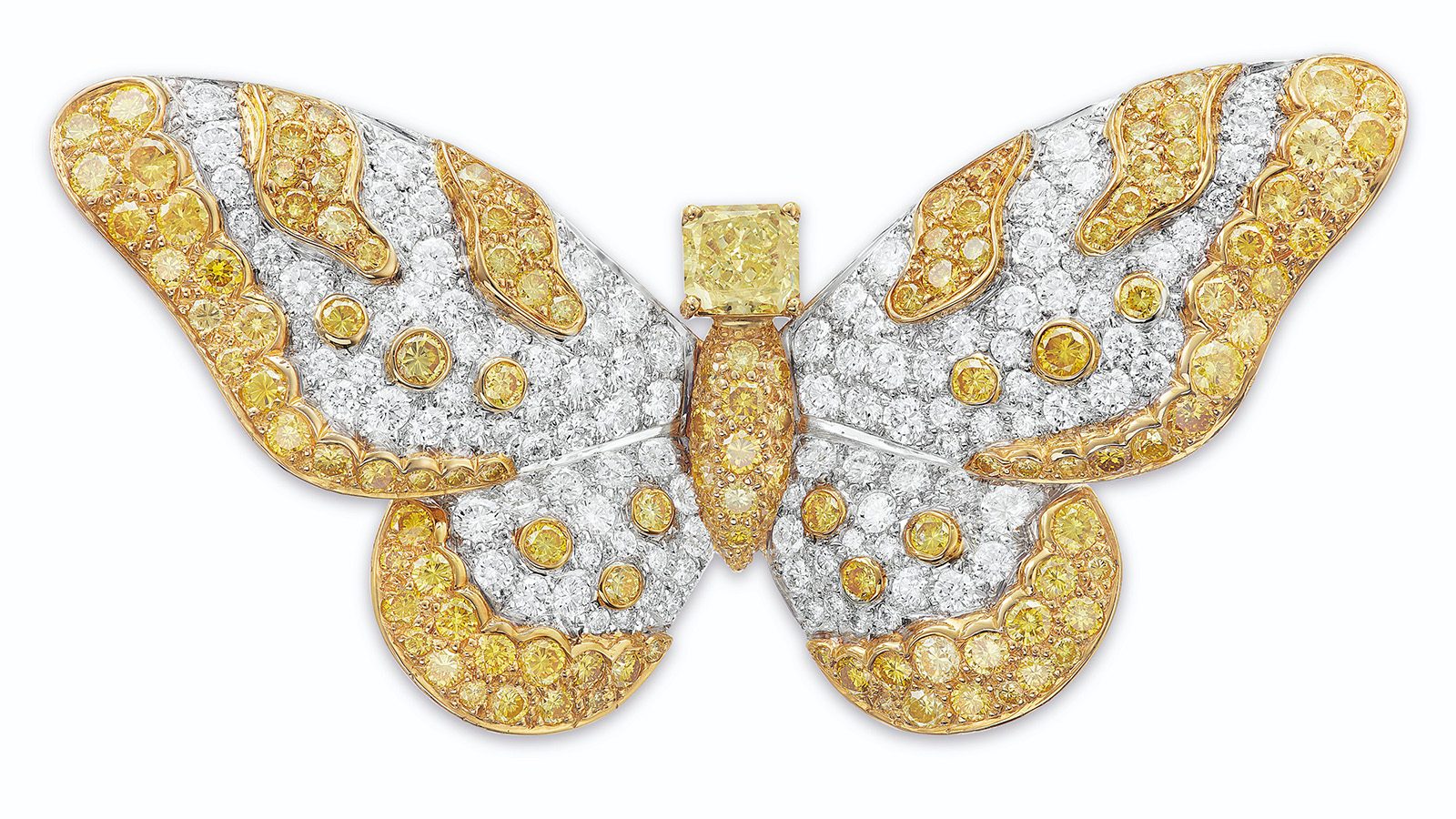 Graff Butterfly Brooch with white and yellow diamonds.