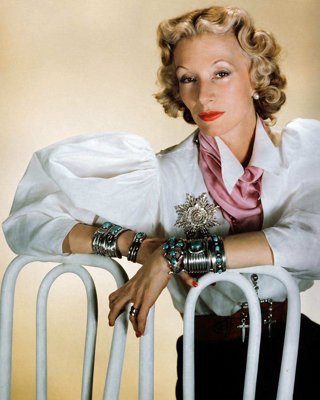 Millicent Rogers wearing selections from her extensive collection of New Mexican jewelry. (Courtesy of Millicent Rogers Museum)