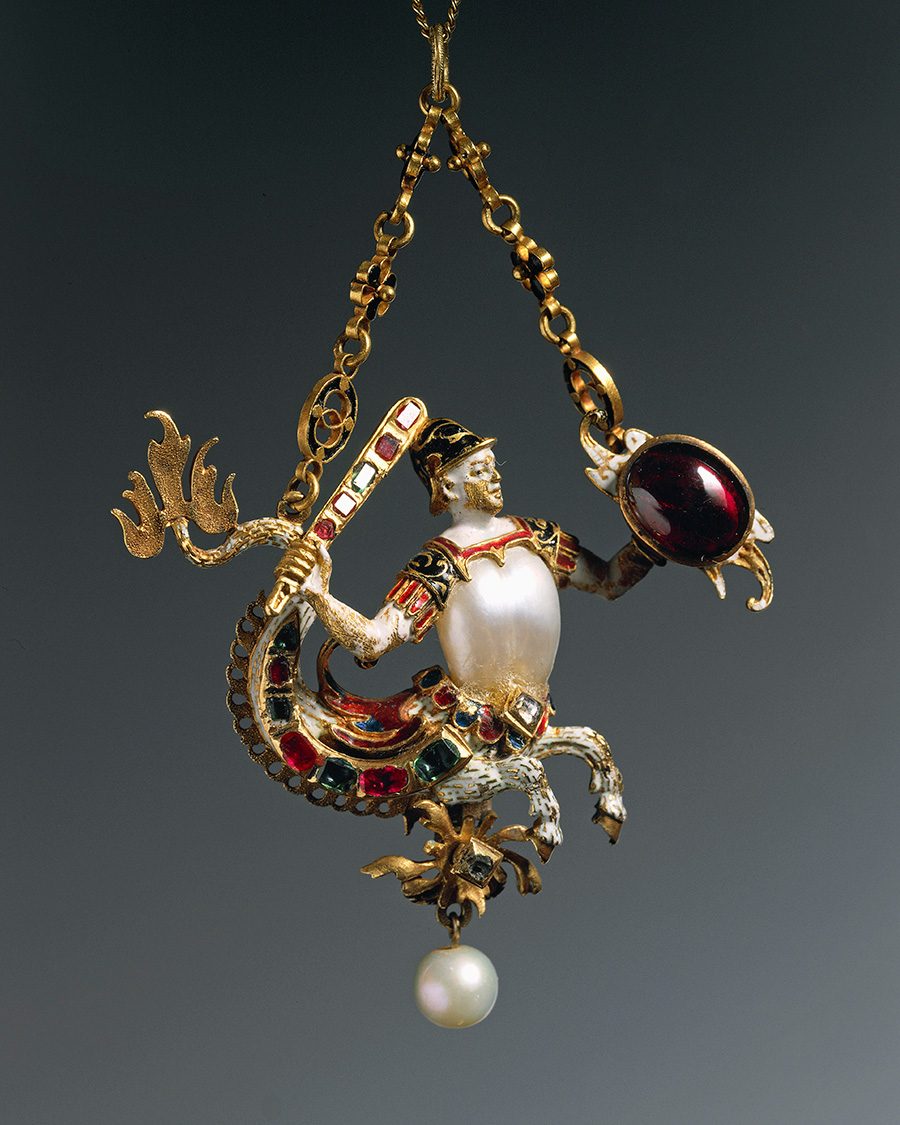 Renaissance jewelry: Enamelled gold pendant set with pearls, diamonds, garnets and rubies representing a merman, c. 1580-1590.