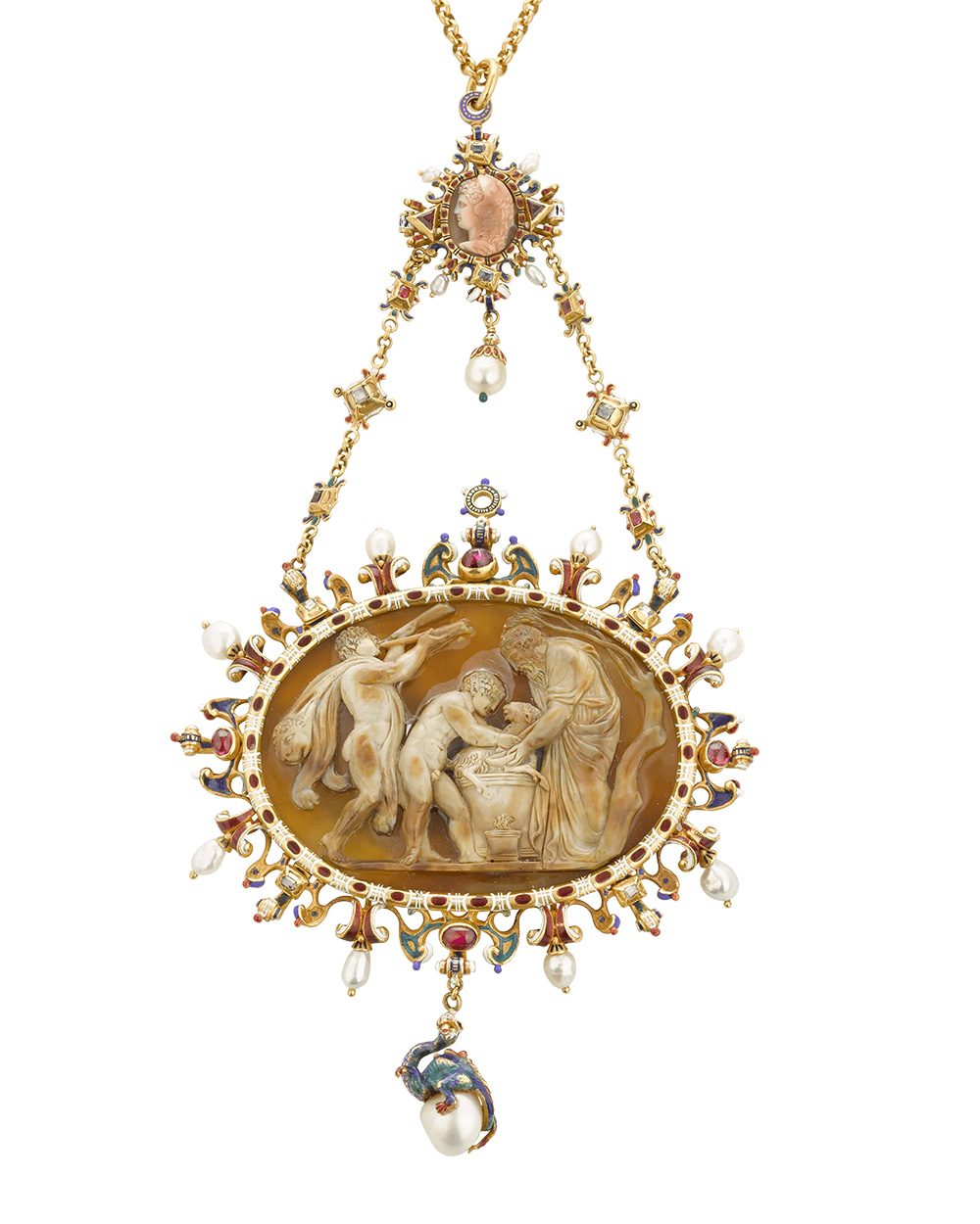 Gold and enamel Renaissance cameo pendant set with diamonds, pearls, rubies and other gemstones