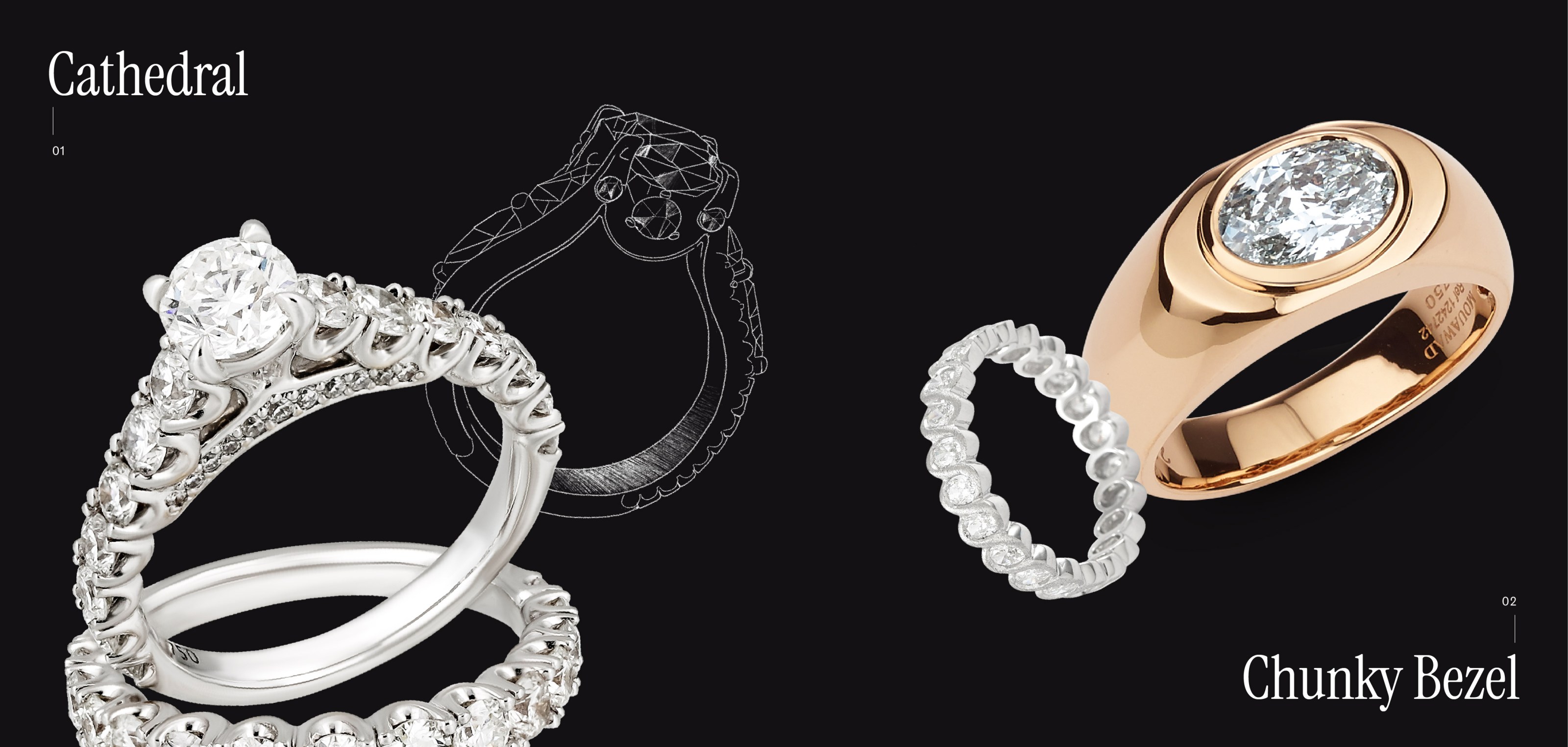Cathedral and bezel diamond rings