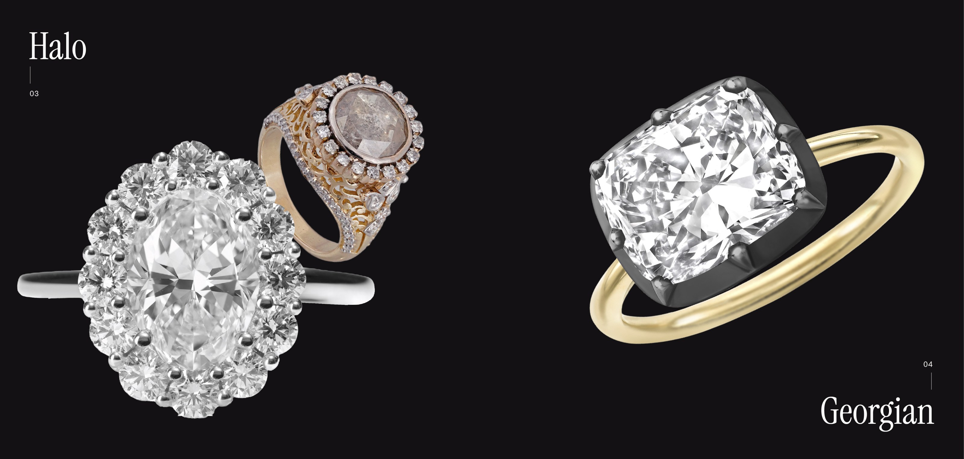 Georgian and Halo diamond rings