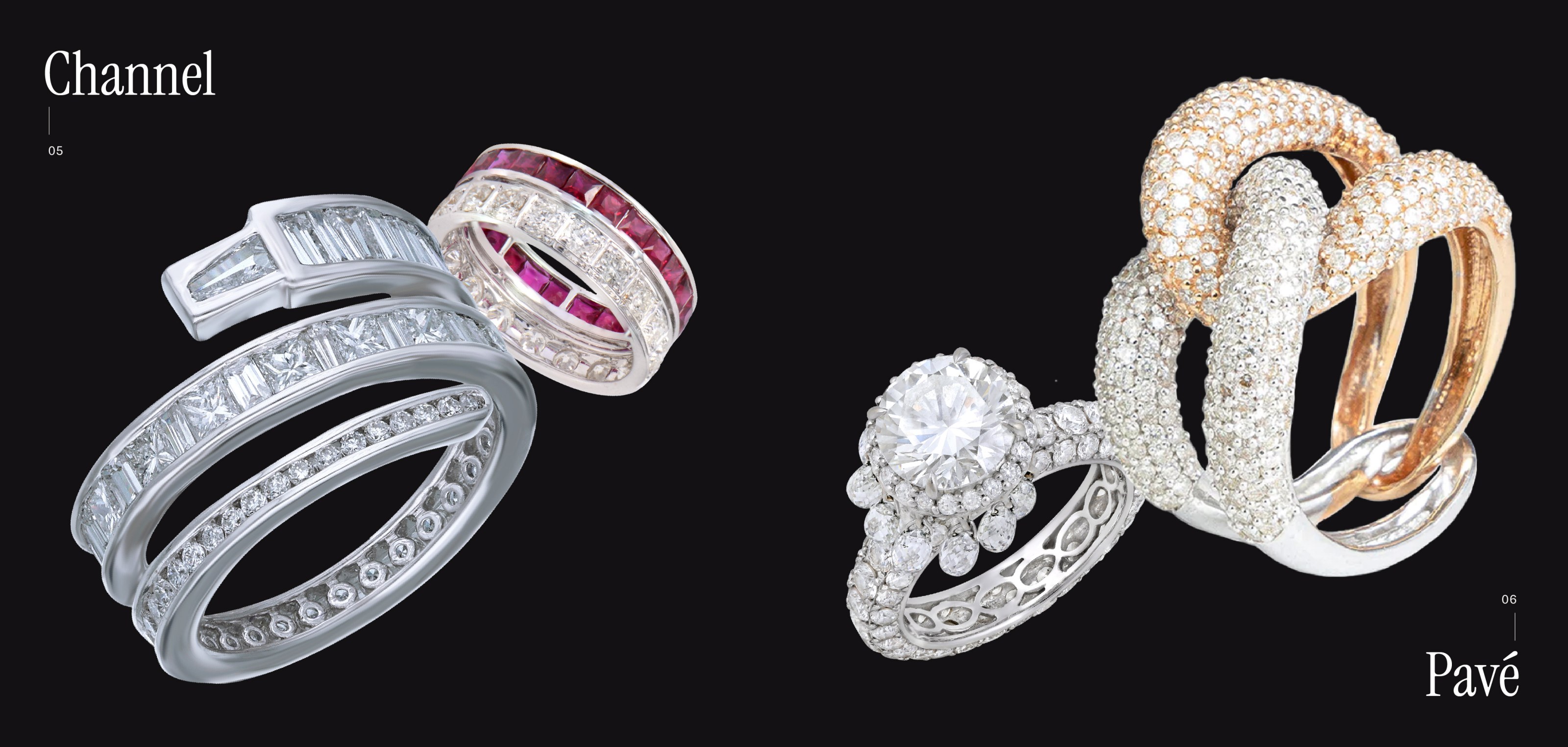 Channel and Pave diamond rings