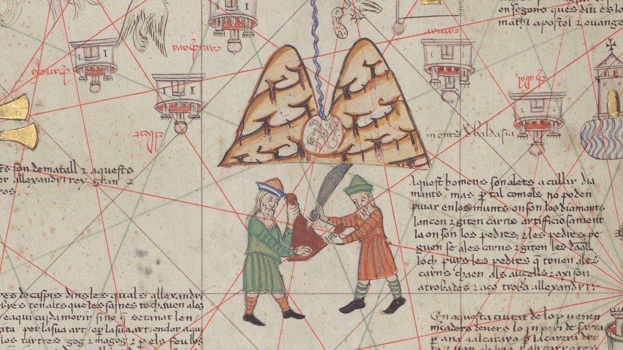 Detail from the Atlas of Nautical Charts by Abraham Cresques. ca. 1370. (Illustrating the Valley of the Diamonds. Bibliothèque nationale de France)