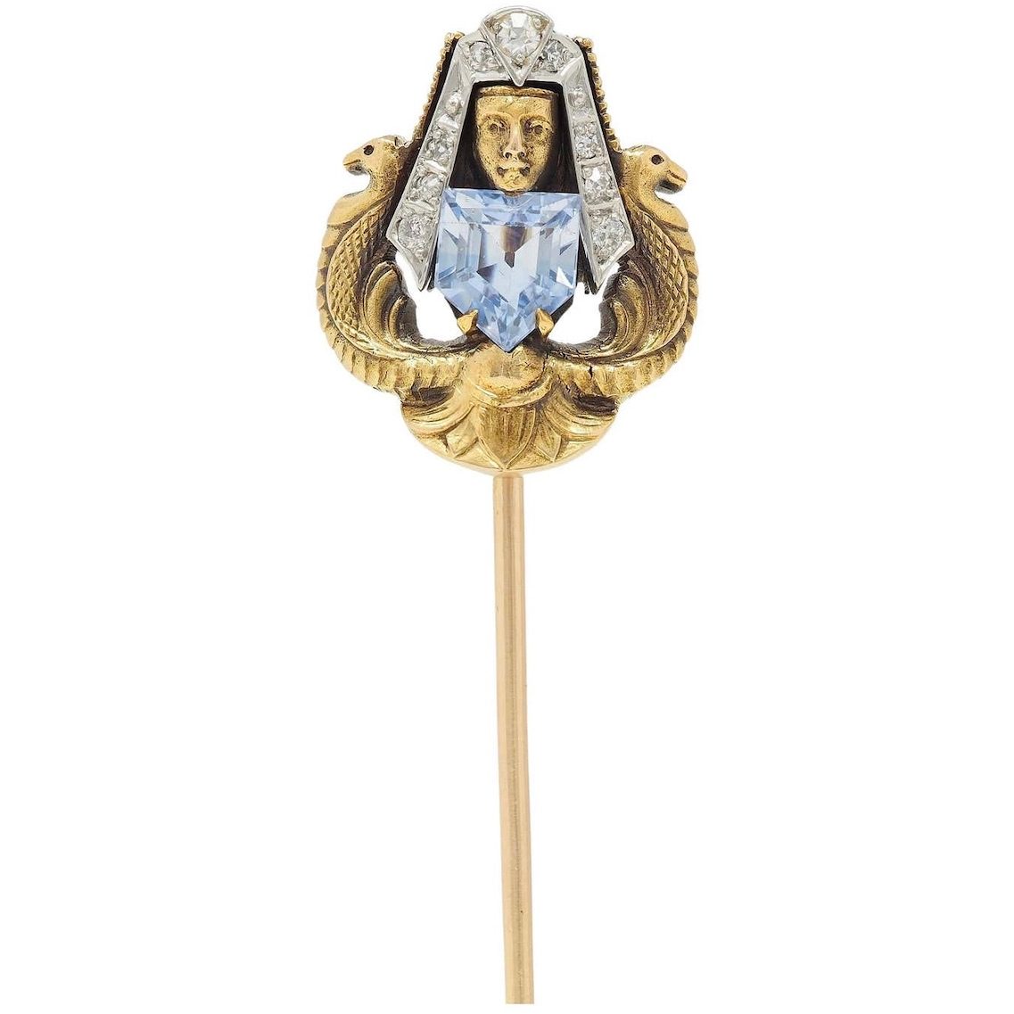 Art Deco Egyptian Revival Sapphire Diamond Platinum 18 Karat Gold Stickpin, $4,125, 1stdibs.com