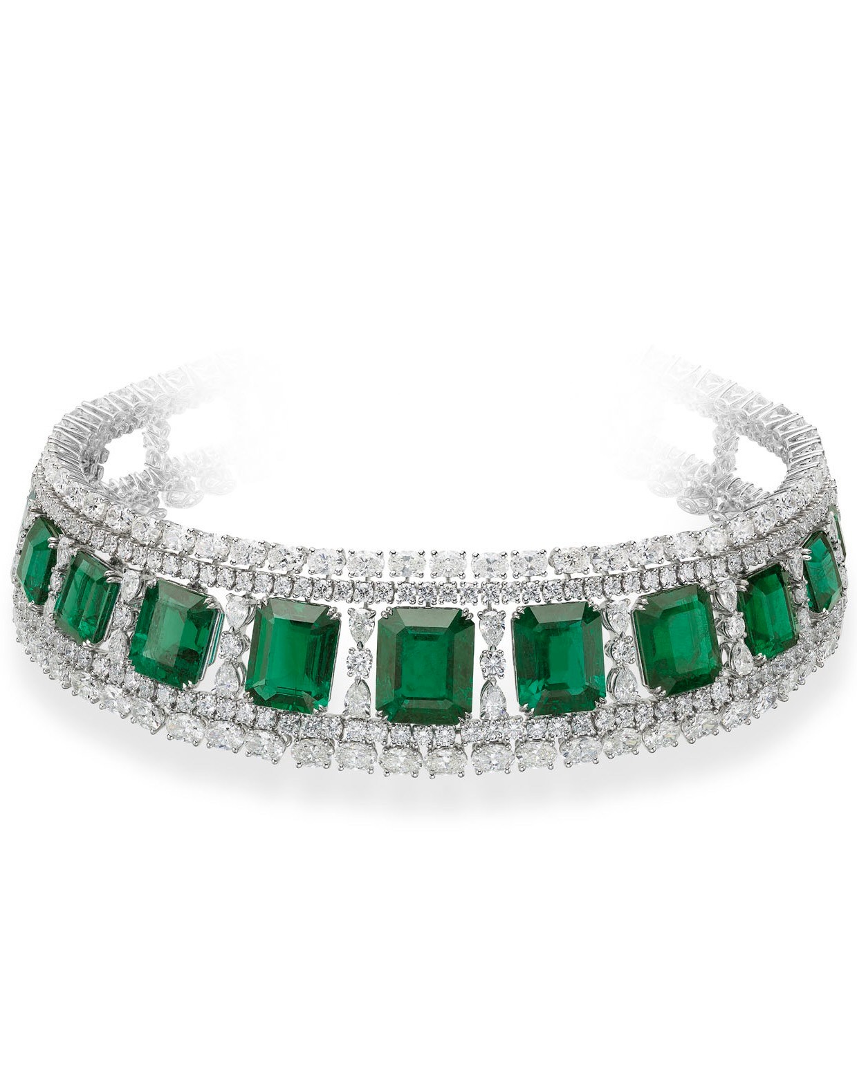 Cannes Film Festival 2026: Chopard Red Carpet Collection Choker necklace in 18-karat ethical white gold, set with emerald-cut emeralds totalling over 87 carats, and further adorned with brilliant, oval, and pear-shaped diamonds totalling over 40 carats.