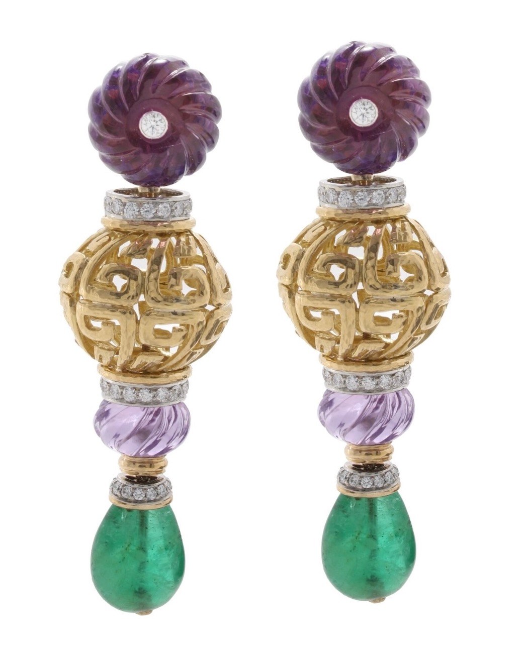 David Webb Sky Lantern Earrings Emerald drops, fluted amethyst beads, brilliant-cut diamonds, 18K gold, and platinum