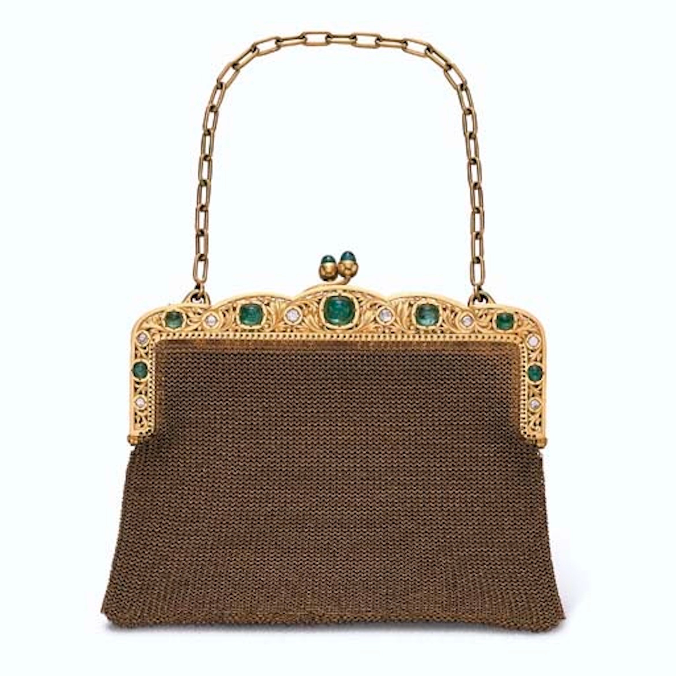 Diamond PUrse An Antique Gold, Emerald, and Diamond Evening Bag from the Magnificent Jewels from the Collection of Ellen Barkin. (Courtesy of Christies)