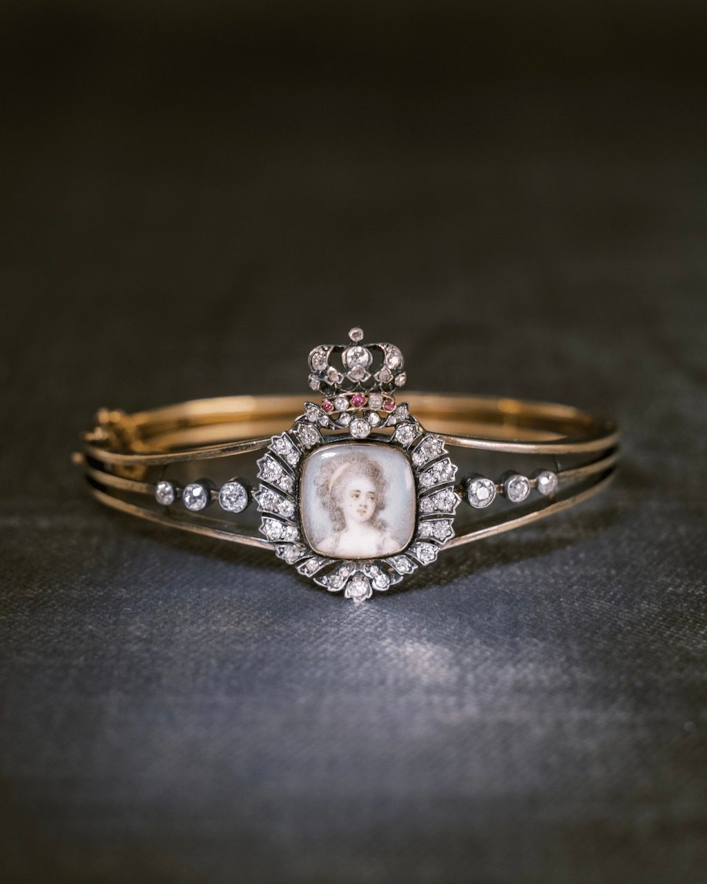 Portrait Jewelry Vintage Hand-Painted Portrait Diamond and Ruby Leonardo Bangle from the Victorian Era, Circa 1850, $9,750, andriabarbone.com