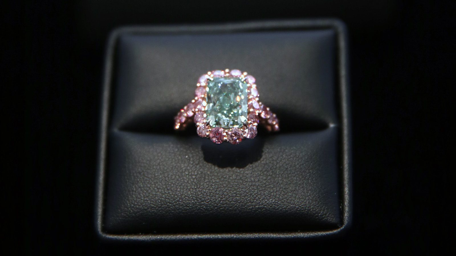The Aurora Green Diamond shown in its display case at Christie's in Hong Kong. (Getty Images)