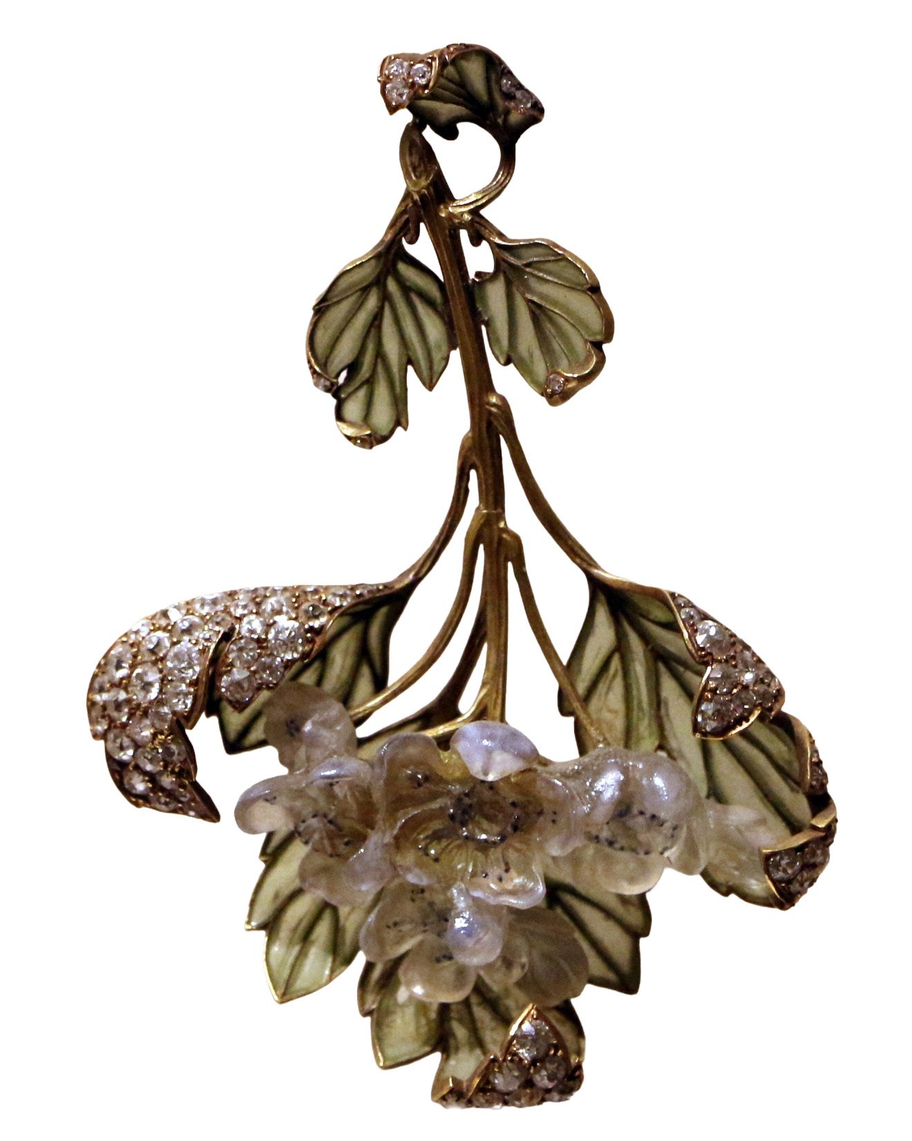 René Lalique flower pendant in gold, glass, enamel, diamond.