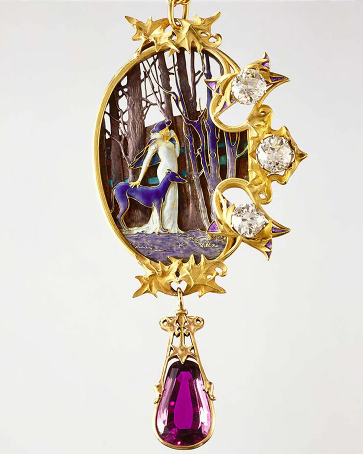 René Lalique pendant with enamel, diamonds, and amethyst