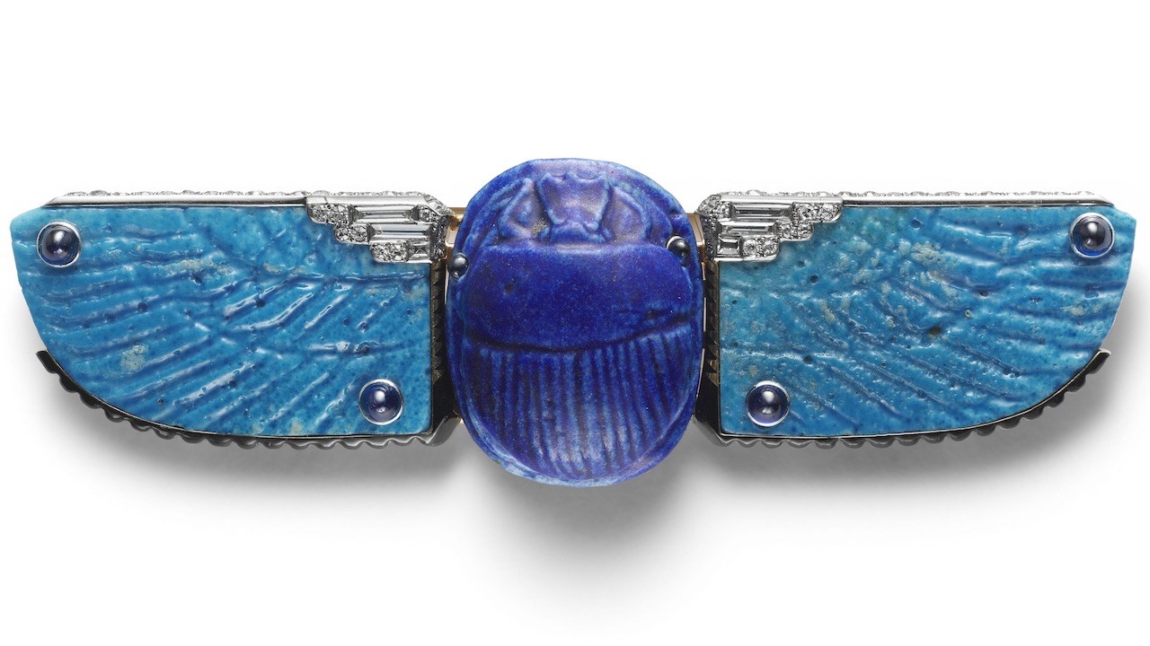 Egyptian Jewelry: Cartier Collection scarab belt buckle. Cartier Paris, 1926. Gold, platinum, blue Egyptian faience, diamonds, sapphires, enamel.