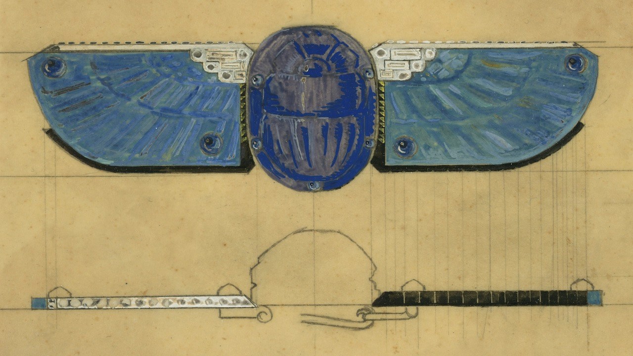Egyptian Jewelry: Design for a scarab belt buckle. Cartier Paris, 1926. Executed in gold, platinum, blue Egyptian faience, diamonds, sapphires, and enamel. (Courtesy of Cartier)