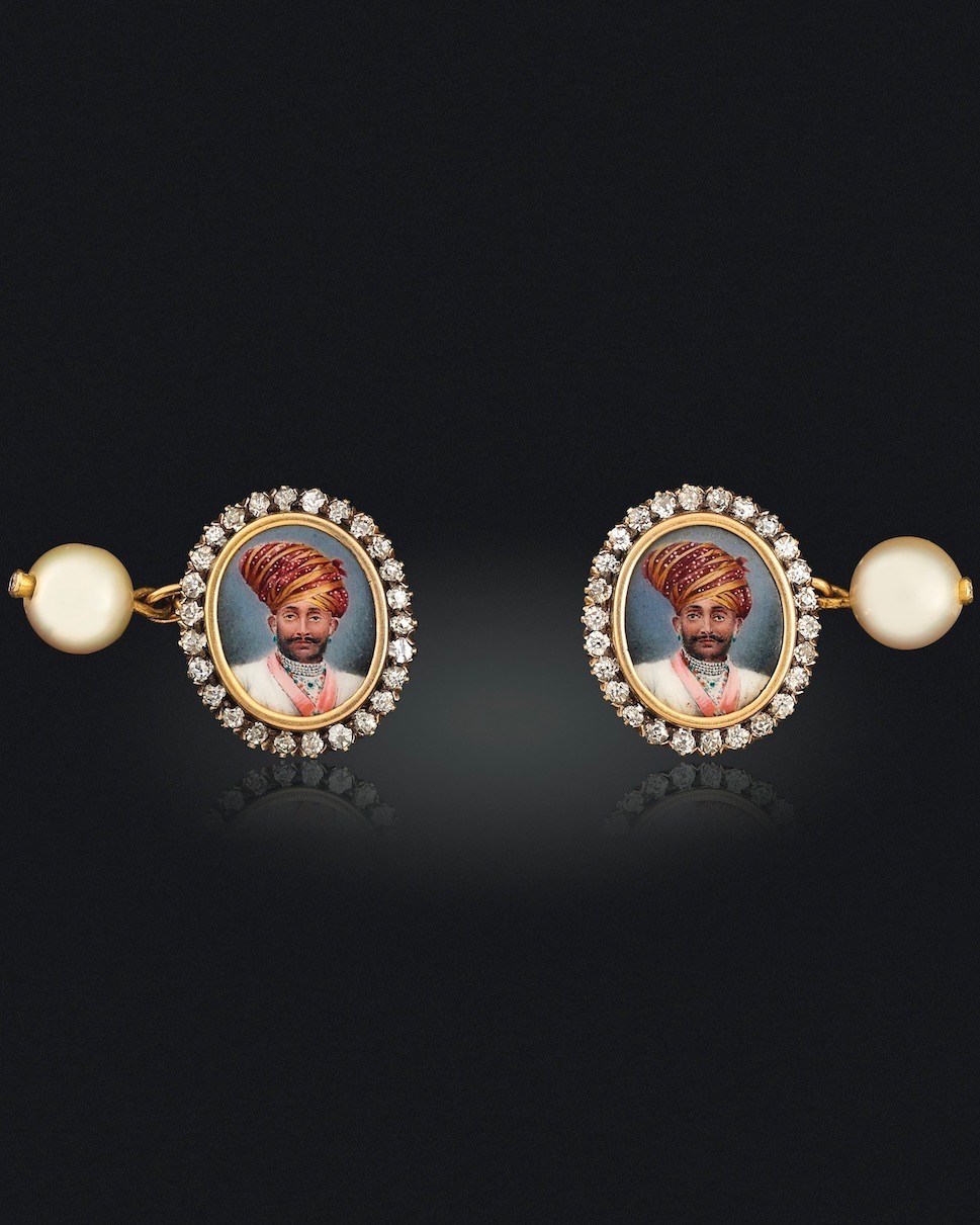 Portrait Jewelry A Pair of Antique Enamel, Diamond, and Pearl Cufflinks from the Maharajas & Mughal Magnificence Auction (Courtesy of Christie's)