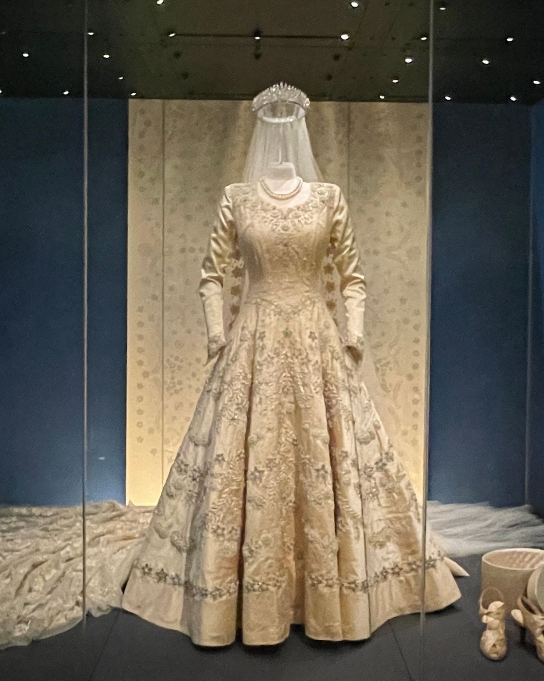 Queen Elizabeth II's gown on display at the Queen Elizabeth II: Her Life in Style