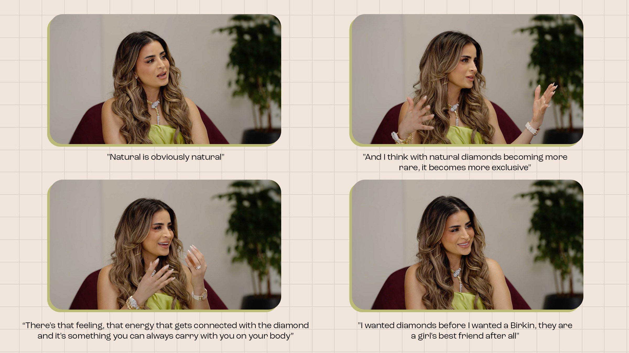  Safa Siddiqui talking about natural diamonds in interview clips. 