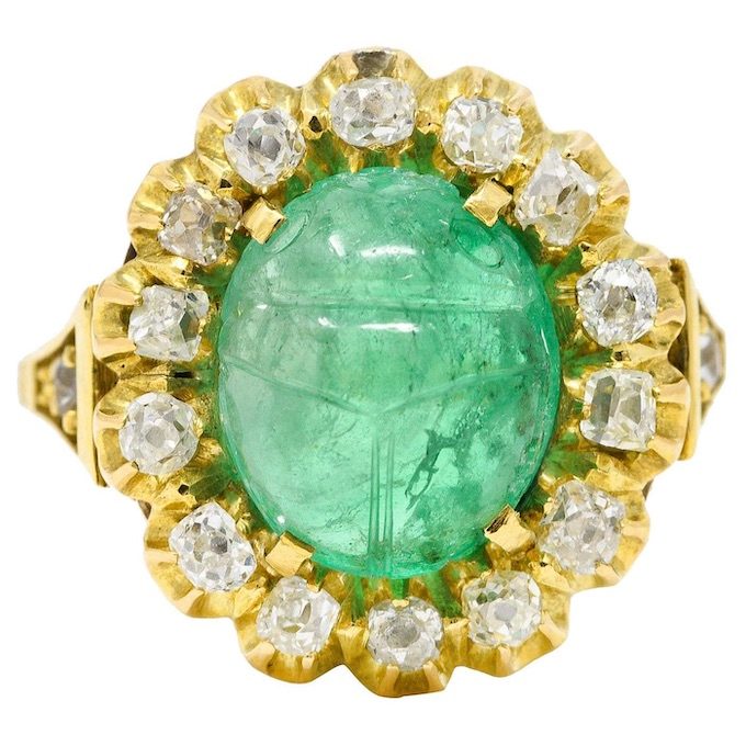 Vintage Egyptian Revival 7.80 Carats Carved Emerald Diamond 18 Karat Ring, $11,350, 1stdibs.com