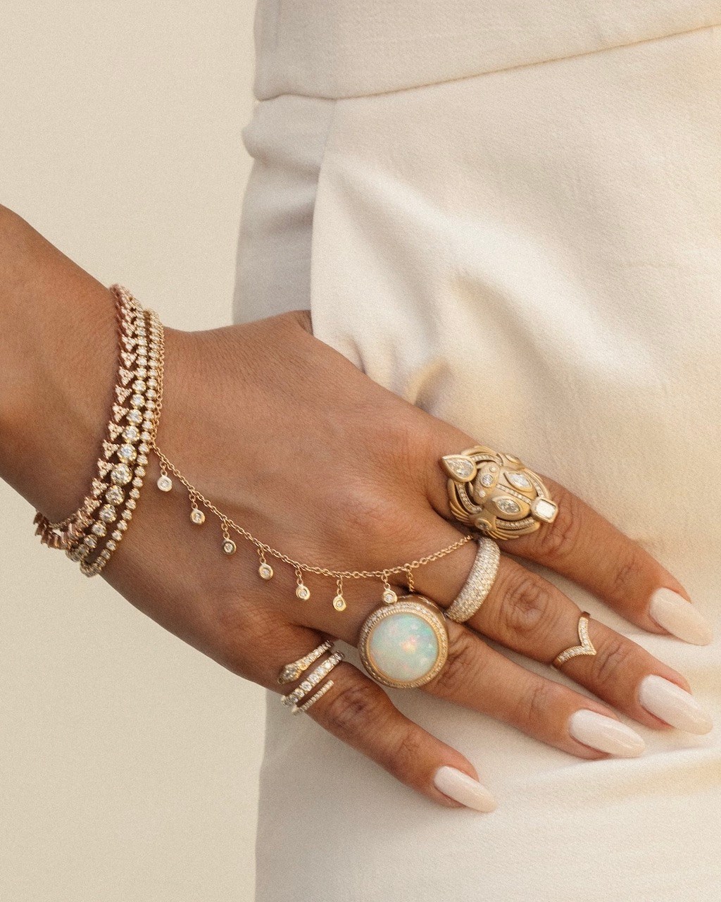 Jacquie Aiche 7 Diamond Shaker Finger Bracelet, $2,365, jacquieaiche.com
