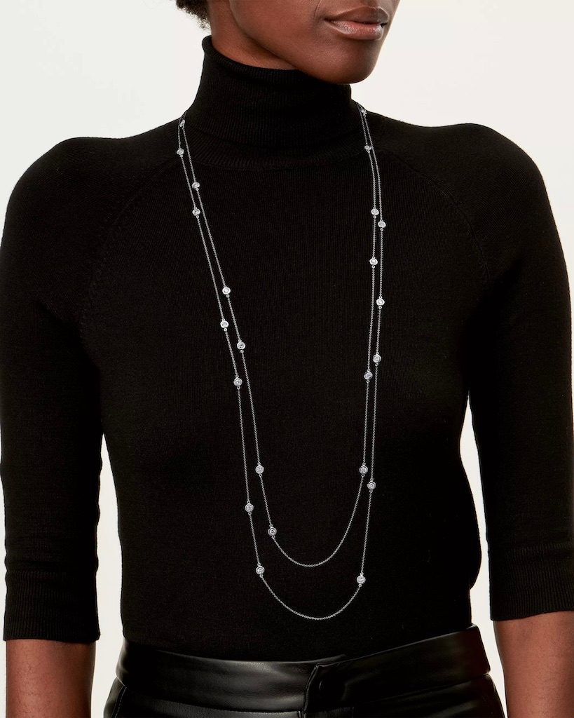 Long Necklace Tiffany & Co. Elsa Peretti® Diamonds by the Yard® Sprinkle Necklace in Platinum $53,000, tiffany.com