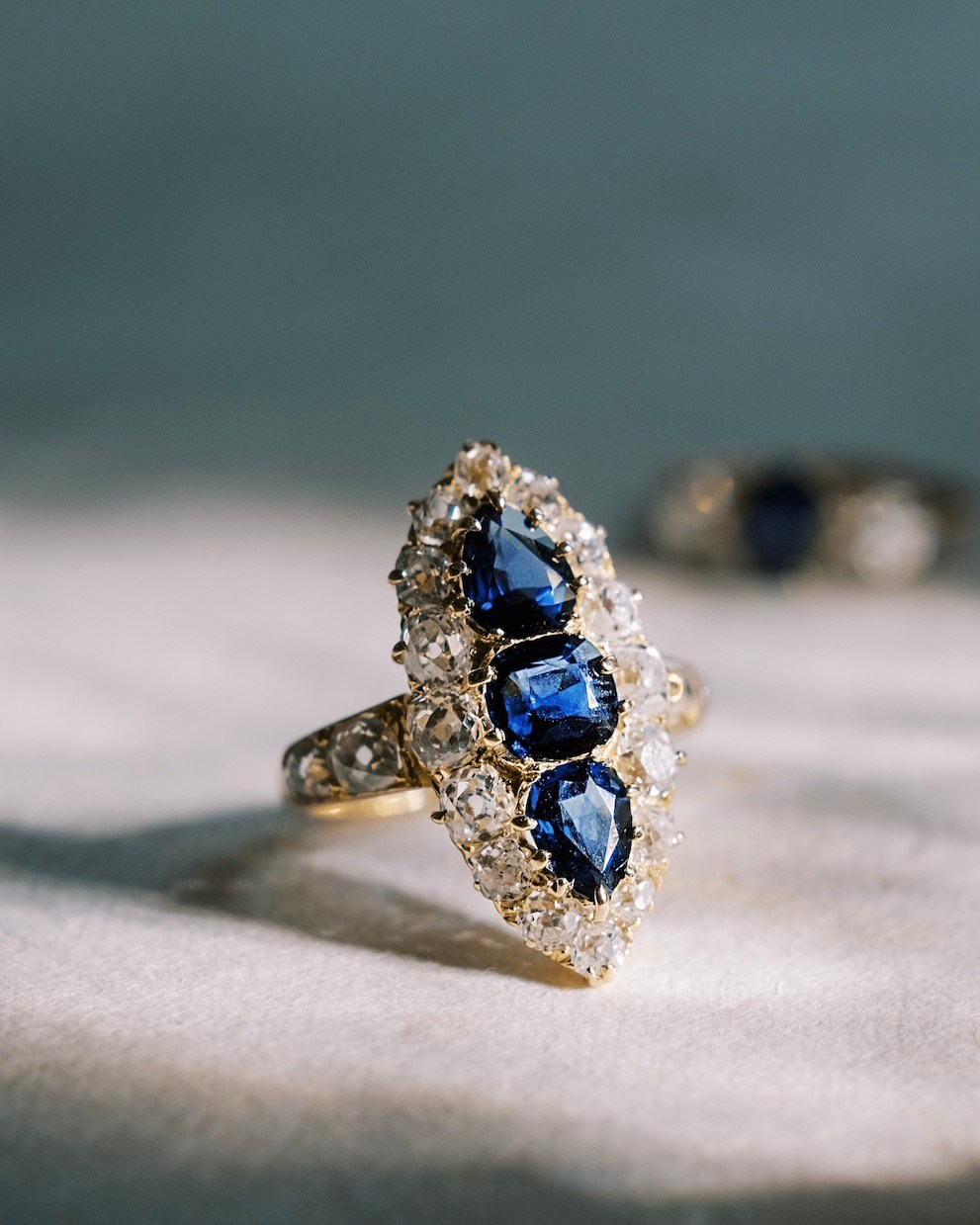 Andria Barbone Cyrus Antique Pear-Cut Sapphire Diamond Dinner Ring, $18,500, andriabarbone.com