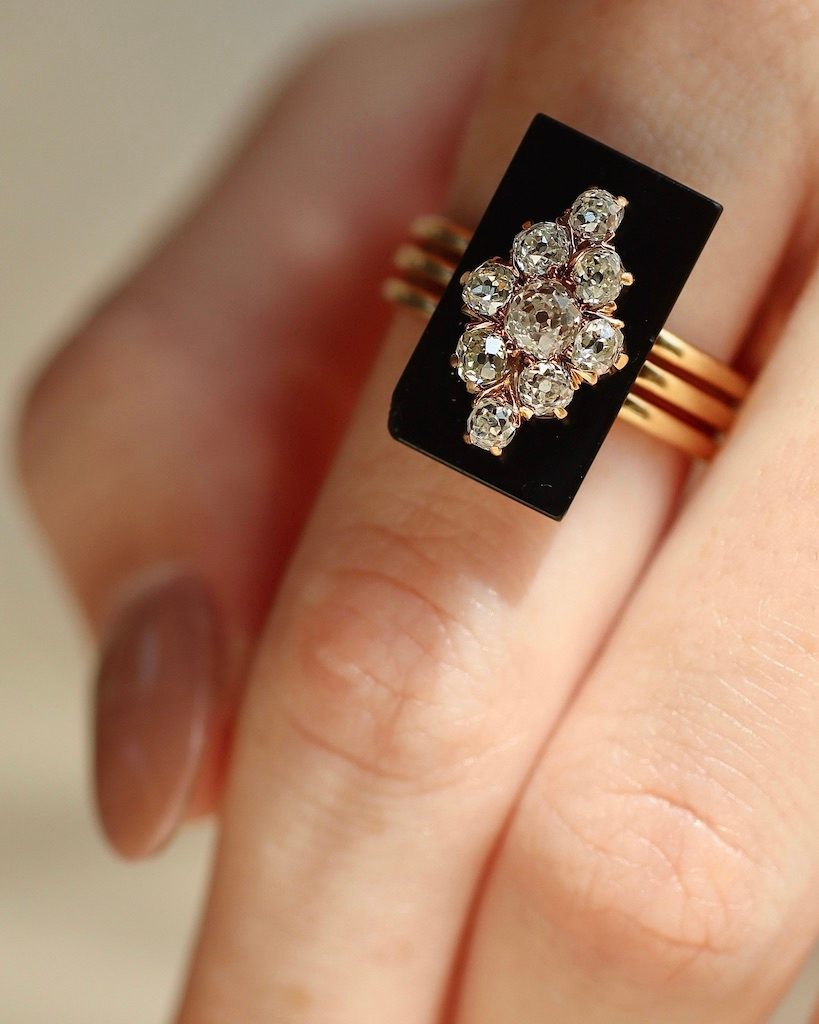 Andria Barbone Crawford Antique Tiffany & Co. Onyx and Diamond Dinner Ring, $10,000, andriabarbone.com