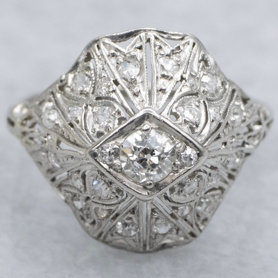 Edwardian Era Platinum and Old Mine-Cut Diamond Filigree Dinner Ring, $2,645, marketsquarejewelers.com