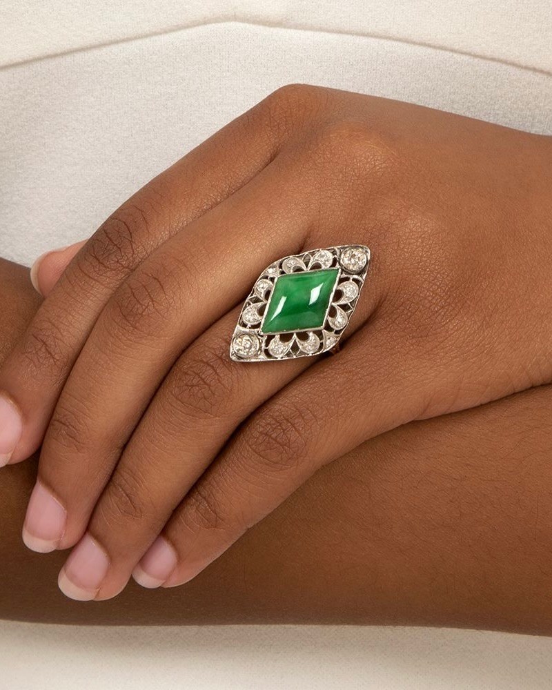 Edwardian Natural Jade and Diamond Dinner Ring, $4,950, langantiques.com