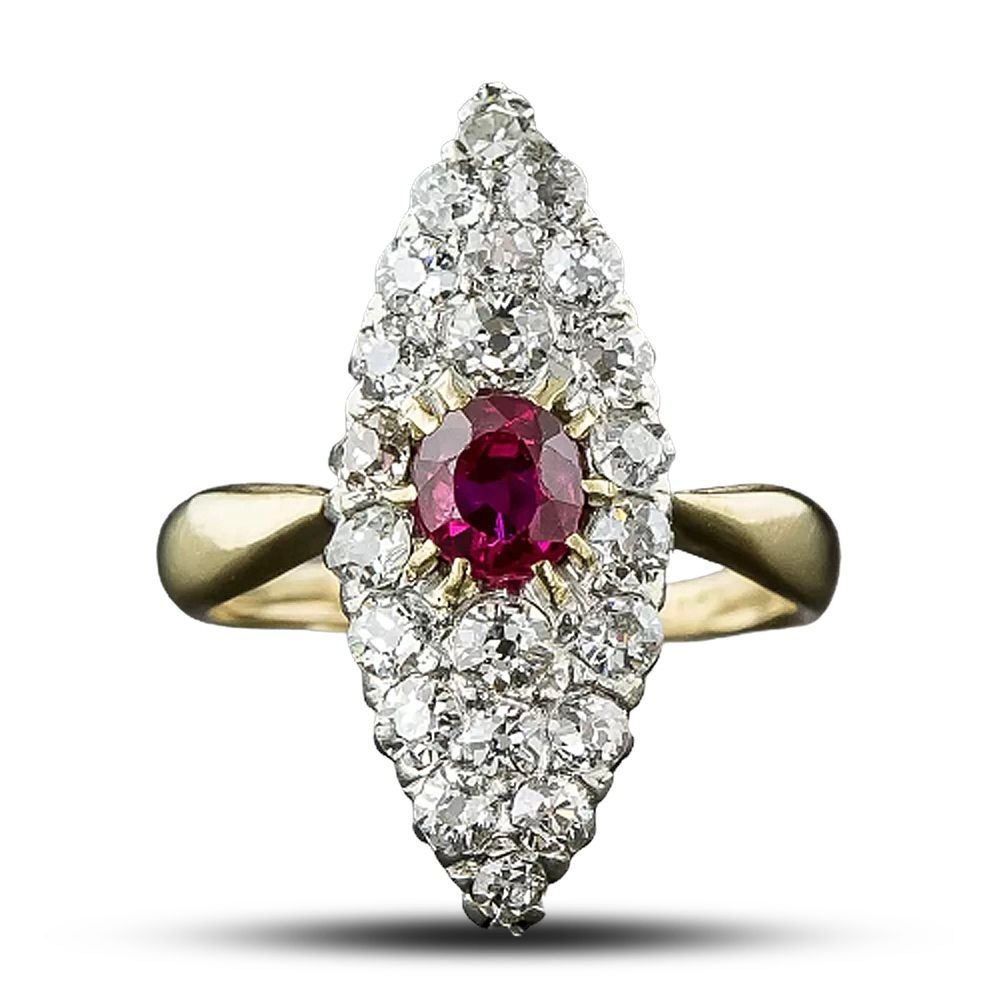 Edwardian Ruby and Diamond Navette-Shaped Dinner Ring, $3,950, langantiques.com