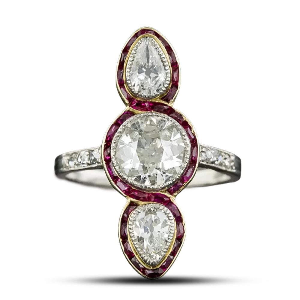 Edwardian Unique Three-Stone Diamond and Ruby Dinner Ring, $9,950, langantiques.com