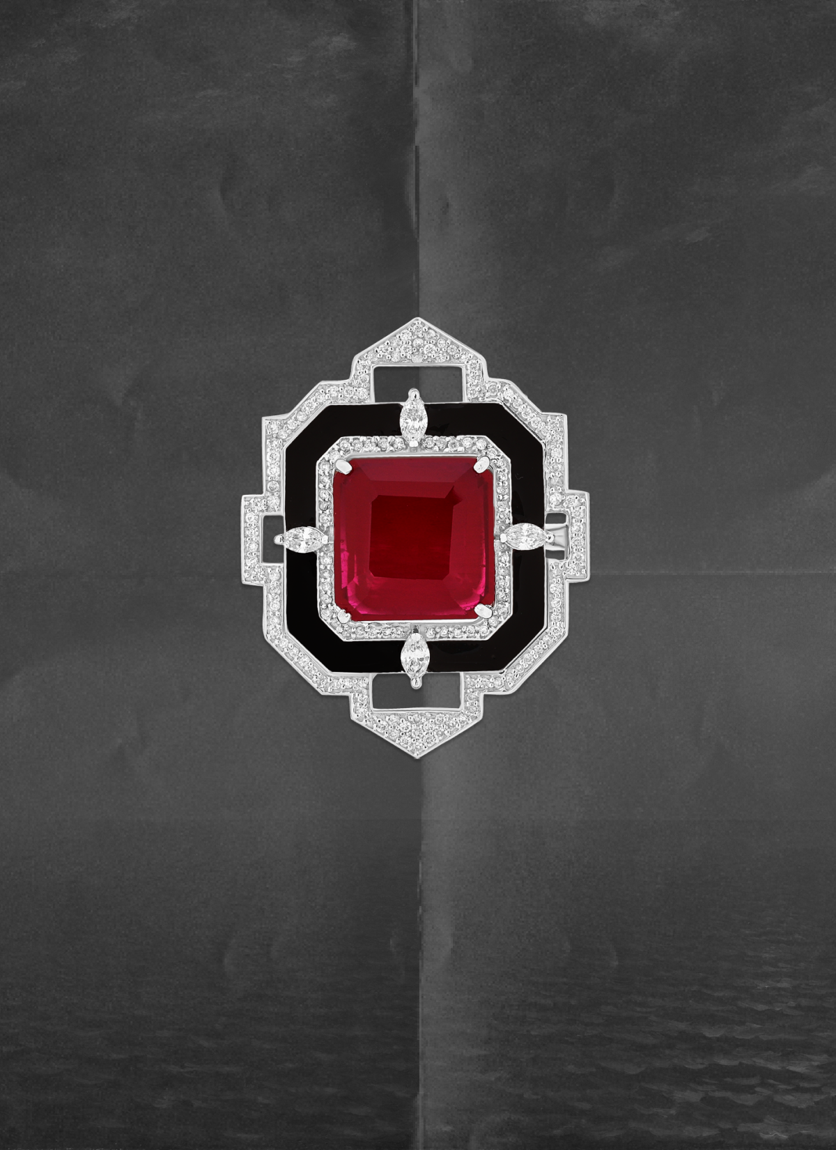 Geometric natural diamond ring with ruby centerpiece