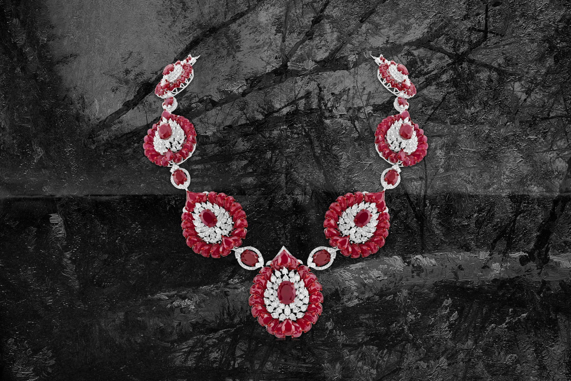 Teardrop ruby and diamond statement necklace
