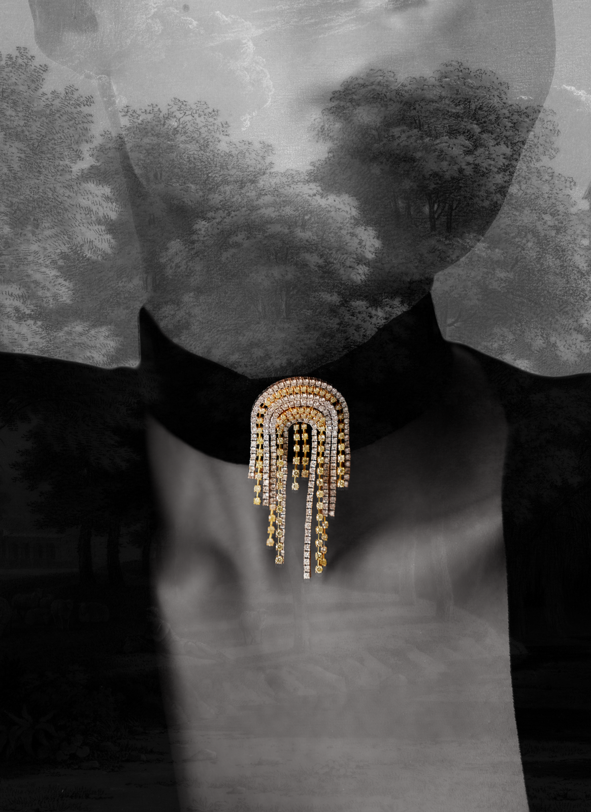 Gold fringe diamond choker necklace with cascading design