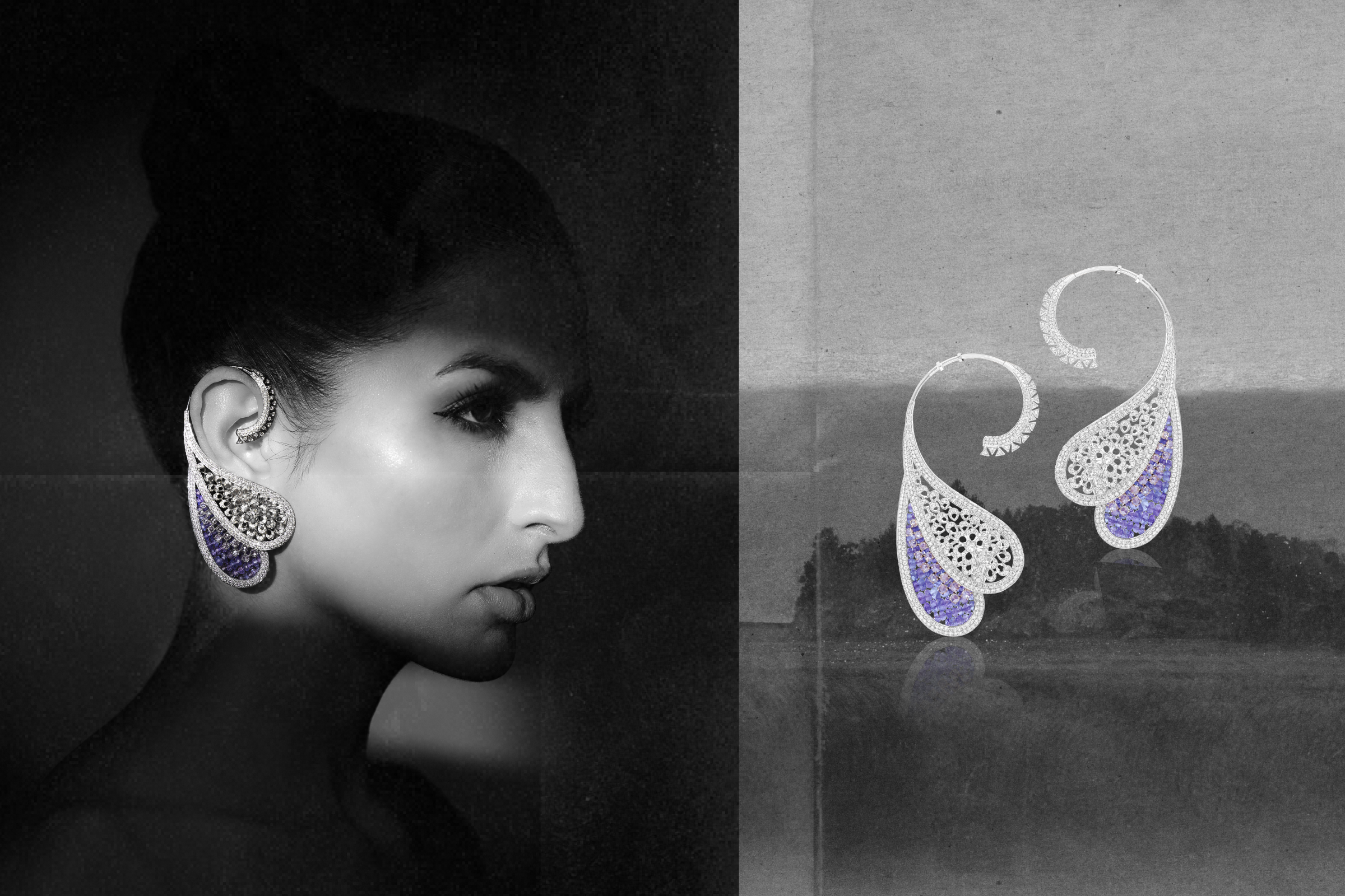 Purple teardrop swirl diamond earrings