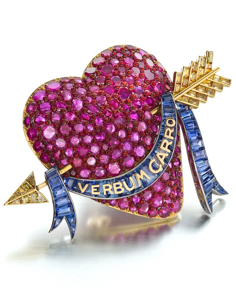 jewelry collectors Millicent Rogers Paul Flato “Verbum Caro” Brooch featuring rubies, colored diamonds and sapphires.