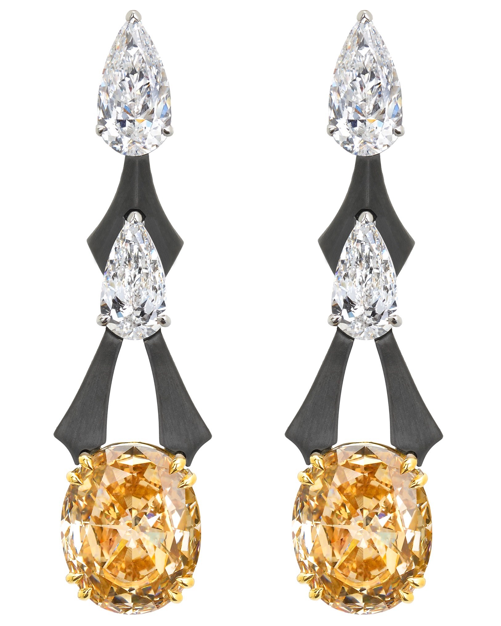 Diamond Traceability Nikos Koulis ME earrings, set with 16.18 carats oval-cut fancy brown-yellow diamonds and 5.07 carats of pear-shaped white diamonds, rhodium-finished 18K white gold.