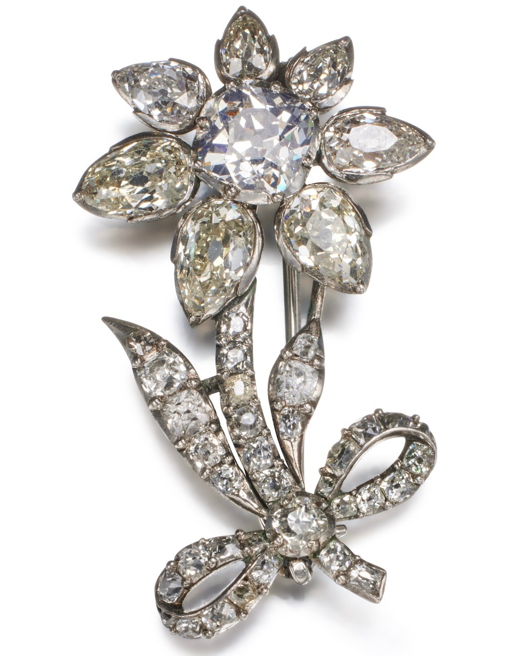 A silver and diamond-set six-petal Flower Dress Trimming from the Russian Imperial Jewels, attributed to Duval, circa 1780. (Courtesy of Sotheby's)