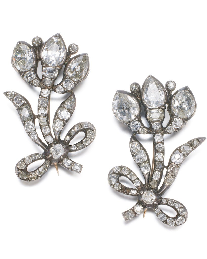 Two silver and diamond-set flower dress trimmings from the Russian Imperial Jewels, attributed to Duval, circa 1780. (Courtesy of Sotheby's)