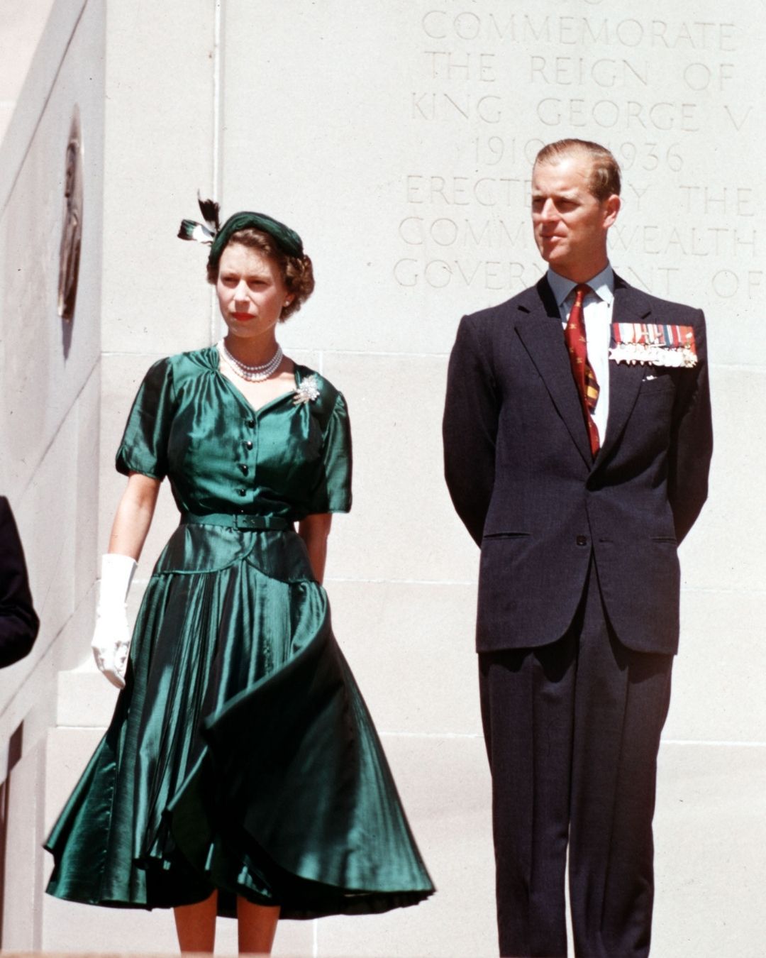 Queen Elizabeth II wearing the Austrailian Wattle Brooch, with Prince Phillip, the Duke of Edinburgh in 1954